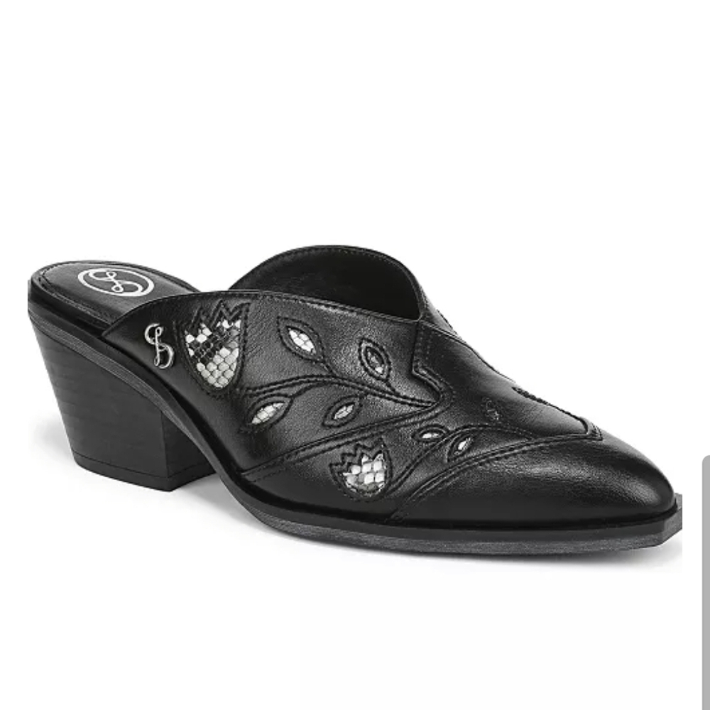 Size 7.5  Sam & Libby Black Embroidered Mules Shoes Booties Slides Women's